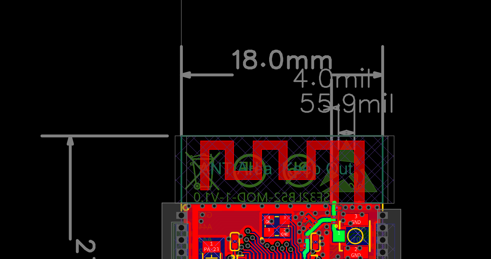 参考模组 SF32LB56-MOD 天线/RF 前端区域，标称 55.9 mil